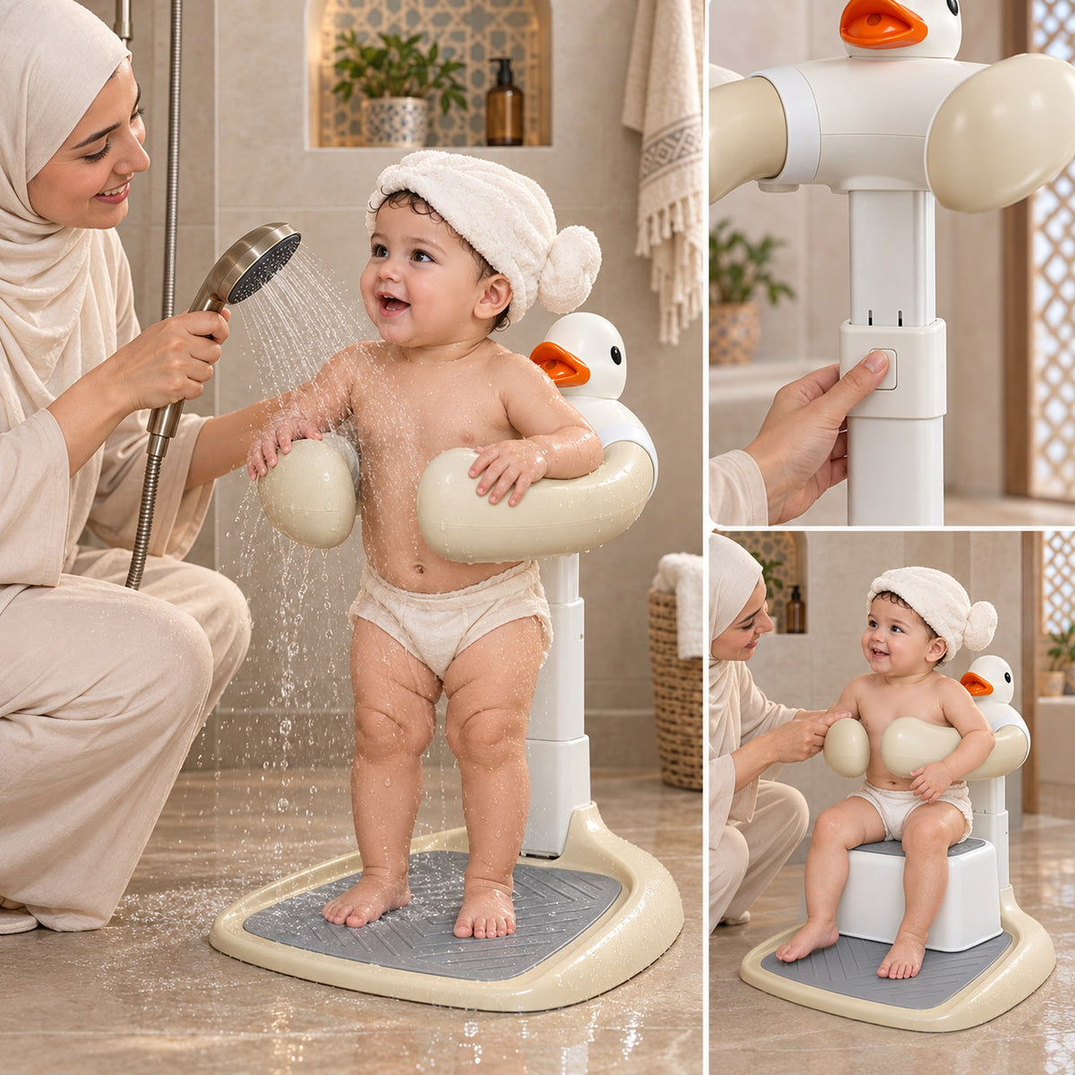 Les usages du support de douche canard : bébé debout dans l'arceau, bouton de réglage de hauteur et assise ajoutée pour s'asseoir