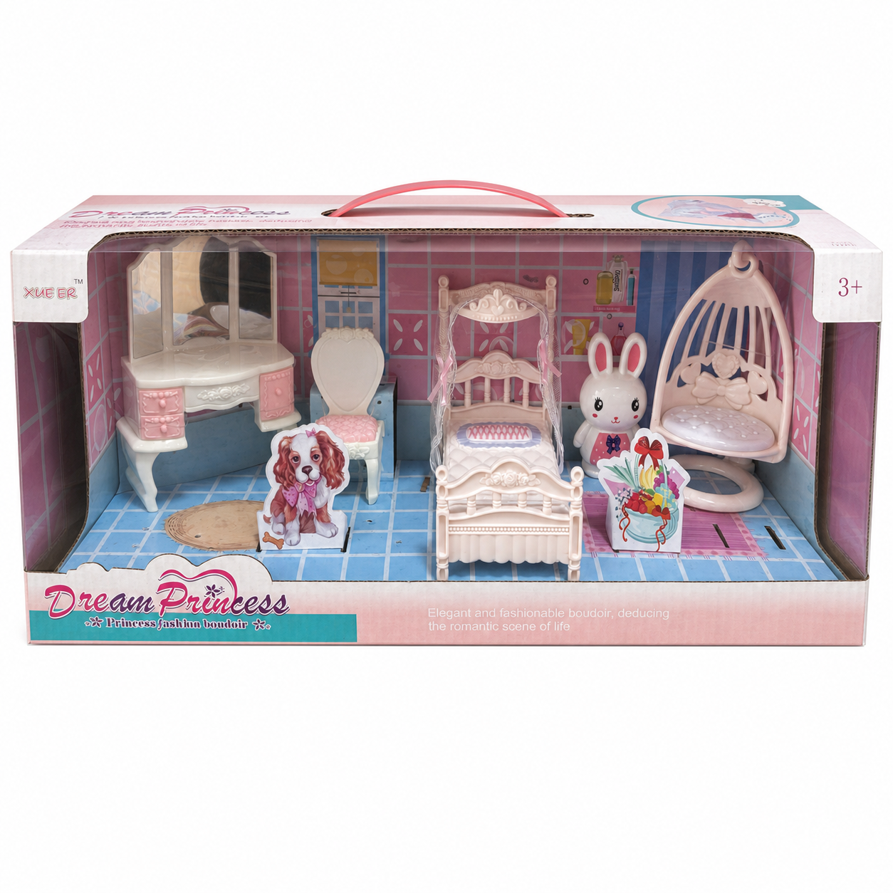 Coffret Dream Princess chambre de poupée : lit à baldaquin, coiffeuse à miroir, fauteuil suspendu, dès 3 ans