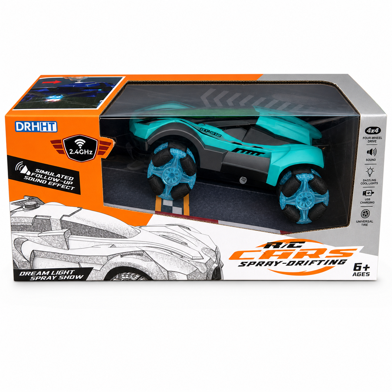 Boîte DRHHT GT-012 : voiture de drift télécommandée 4x4 avec roues universelles et brume lumineuse, dès 6 ans