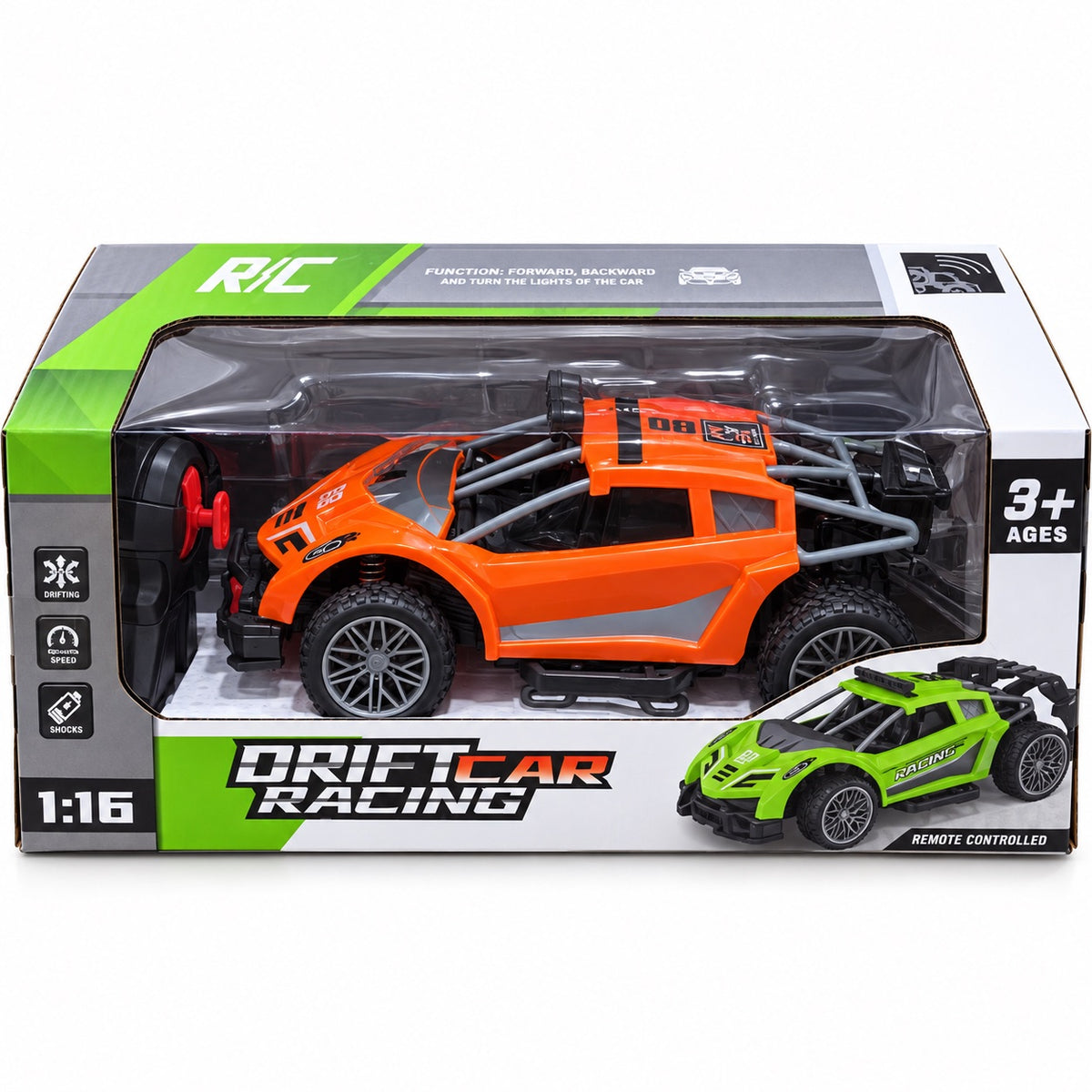 Boîte de la voiture radiocommandée Drift Car Racing orange à l'échelle 1:16 avec télécommande