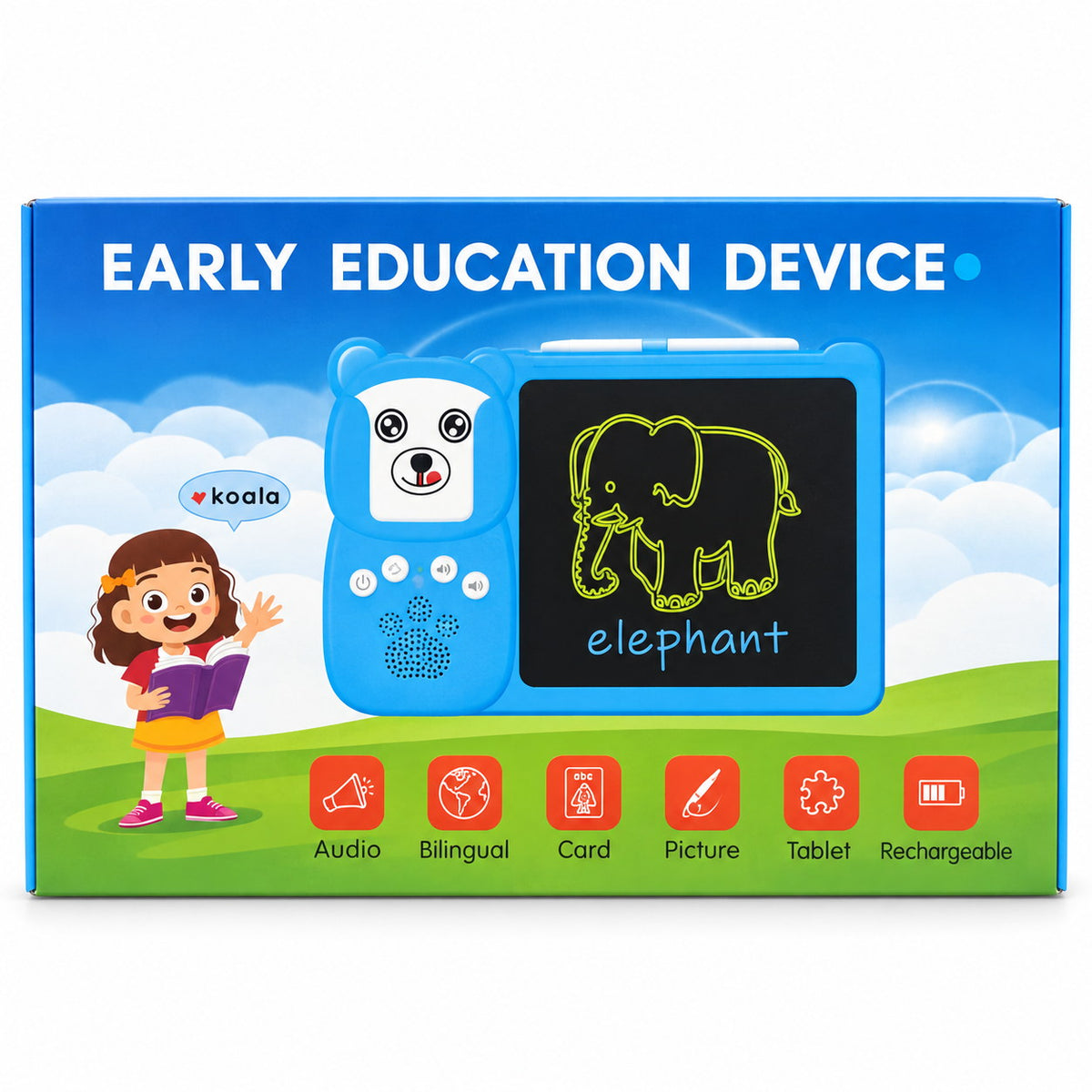 Boîte Early Education Device version bleue : lecteur de cartes parlantes ours et ardoise LCD, audio, bilingue, rechargeable