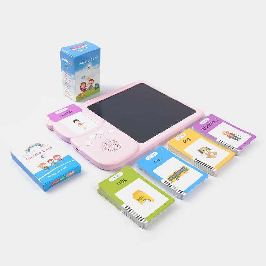 Early Education Device version rose avec son ardoise LCD, ses jeux de cartes illustrées famille, animaux, véhicules et aliments