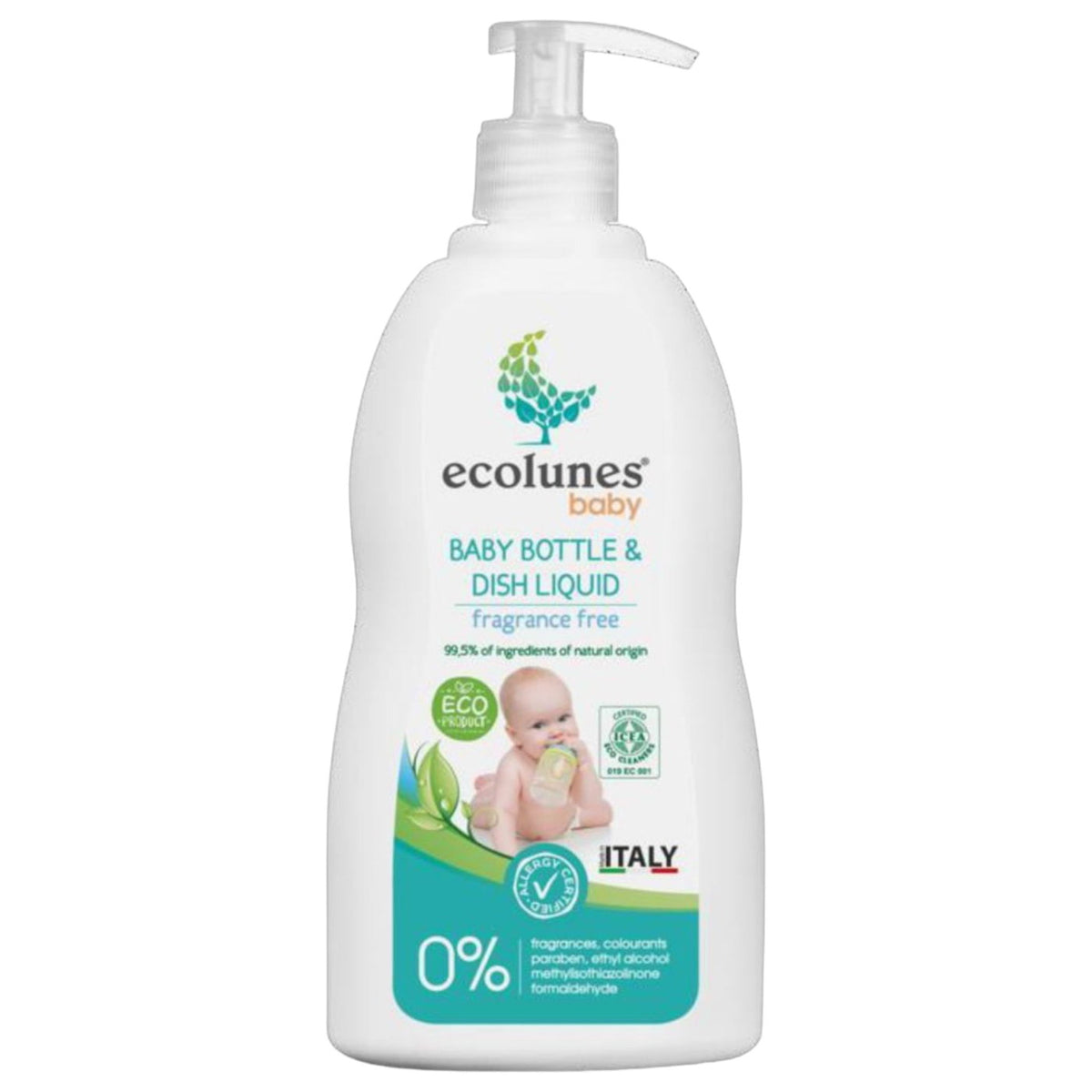 Flacon pompe Ecolunes Baby Bottle & Dish Liquid 500 ml, sans parfum, certifié ICEA et AllergyCertified, fabriqué en Italie