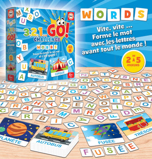 Jeu Challenge Words en cours : lettres étalées sur la table et cartes-mots AUTOBUS, FUSÉE, PLANÈTE, TRÉSOR, de 2 à 5 joueurs