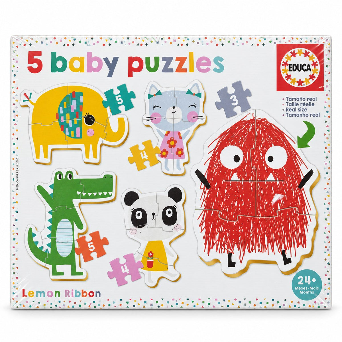 Boîte Educa 5 Baby Puzzles Lemon Ribbon : monstre, chat, panda, éléphant et crocodile, puzzles progressifs de 3 à 5 pièces dès 24 mois