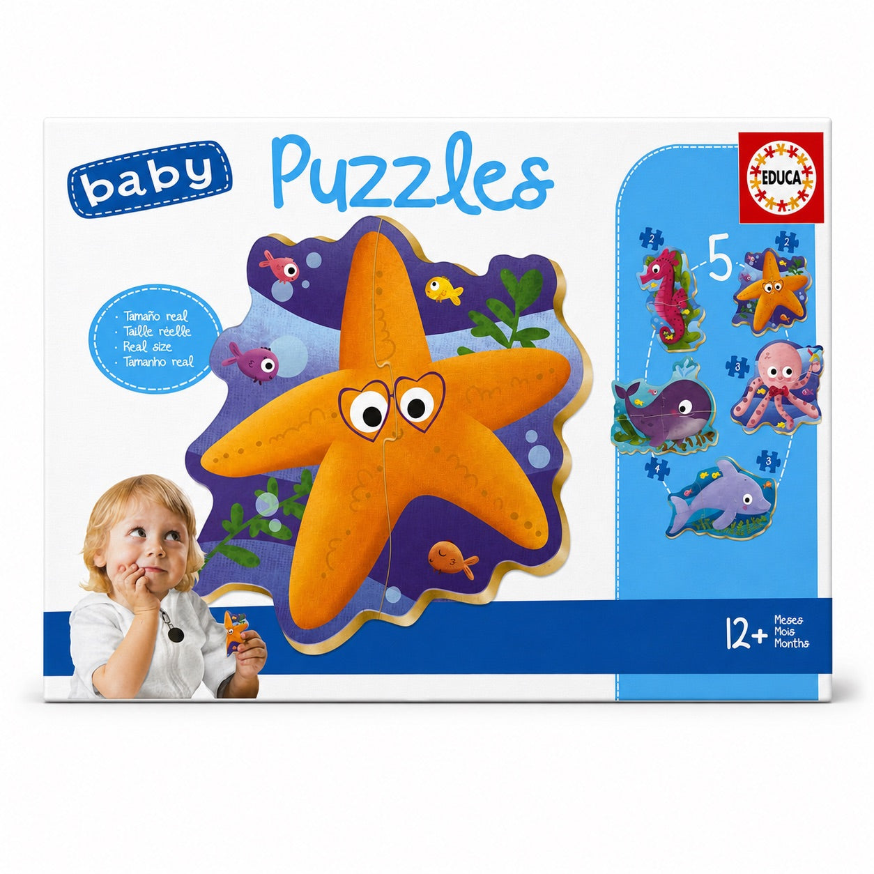 Boîte Educa Baby Puzzles Animaux marins : 5 puzzles progressifs hippocampe, étoile de mer, pieuvre, dauphin et baleine, dès 12 mois