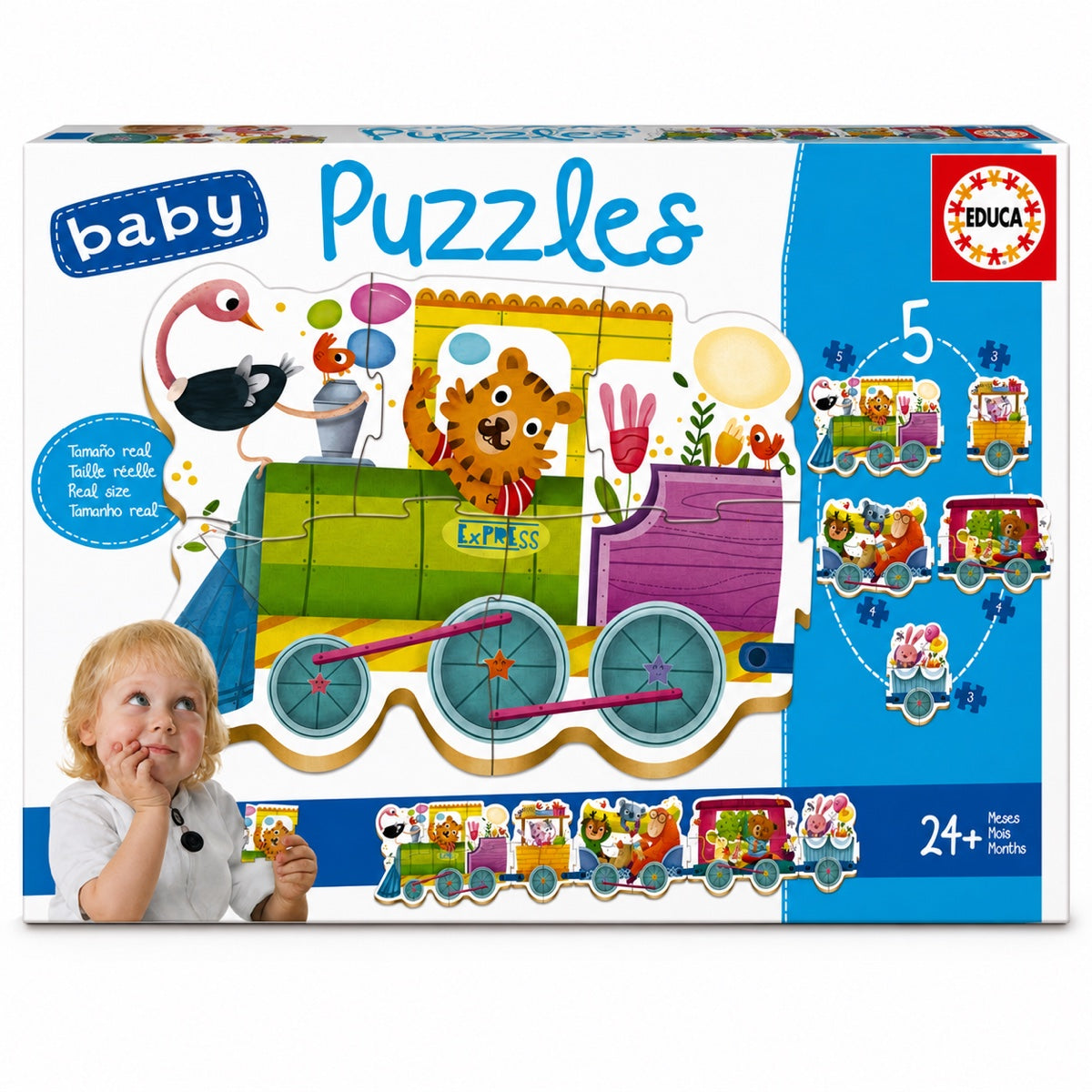 Boîte Baby Puzzles Le Train des Animaux Educa : 5 puzzles progressifs de 3 à 5 pièces formant un train, dès 24 mois