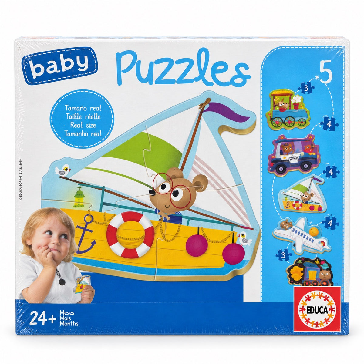Boîte Educa Baby Puzzles Véhicules, 5 puzzles de 3 à 4 pièces dès 24 mois