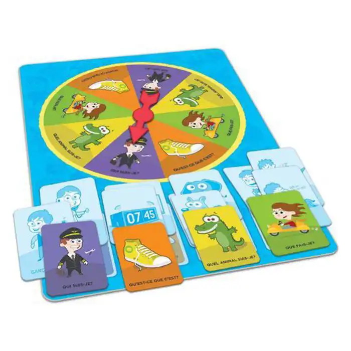 Plateau roulette et cartes illustrées du jeu Educa Devine ce que je mime