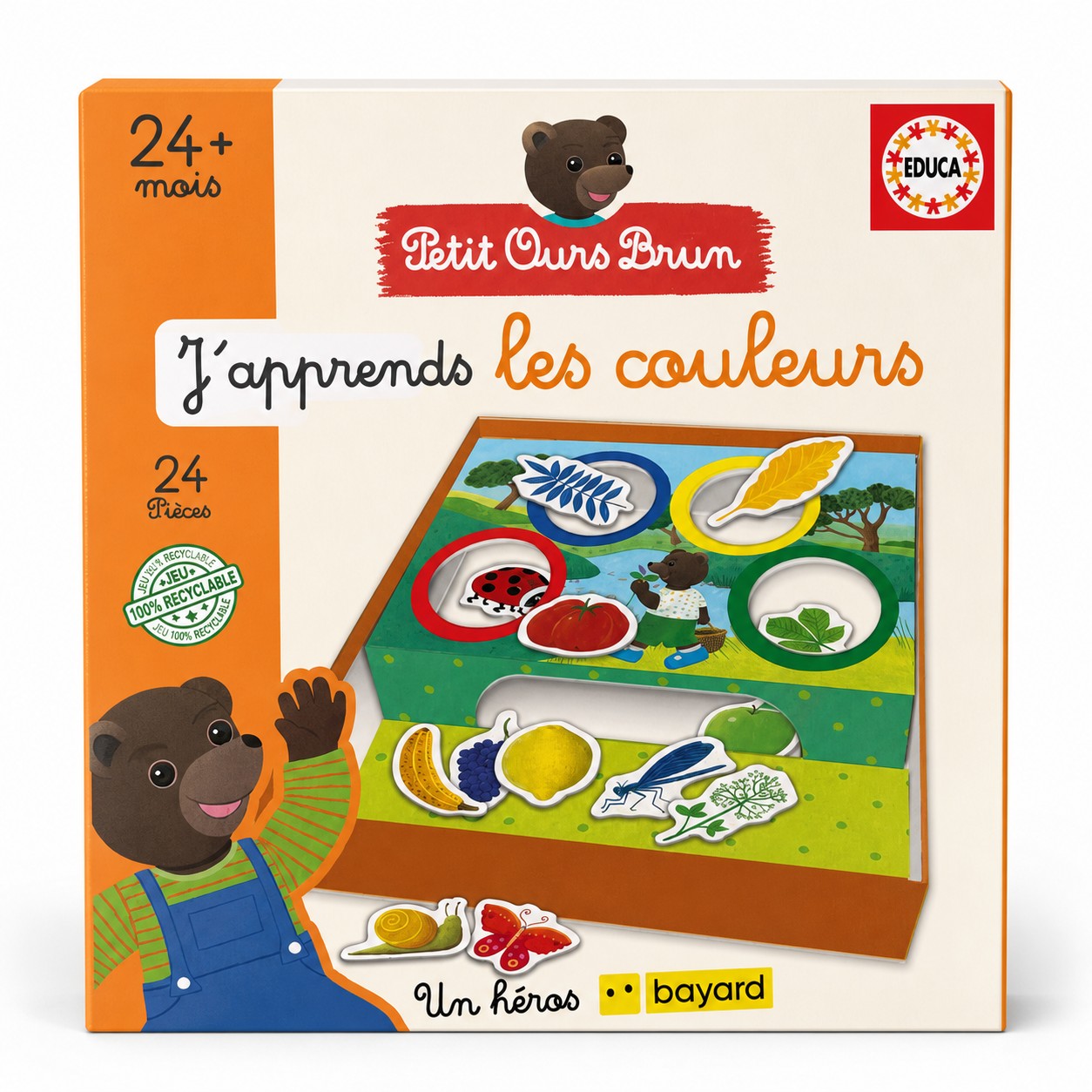 Boîte Educa Petit Ours Brun J'apprends les couleurs : plateau de tri à 4 cercles colorés et 24 pièces, dès 24 mois