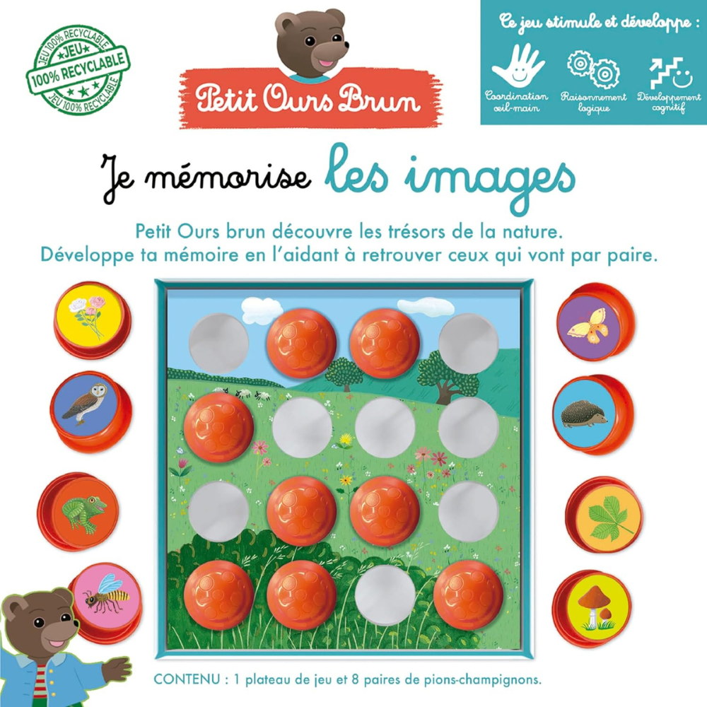 Contenu : 1 plateau de jeu et 8 paires de pions-champignons aux images de la nature