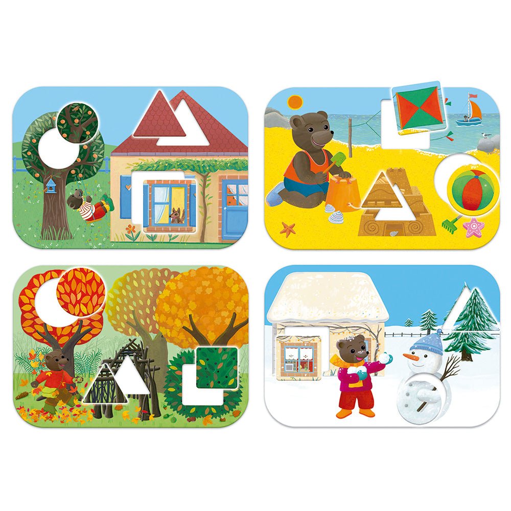 Les 4 cartons du jeu : printemps au jardin, été à la plage, automne dans les bois, hiver dans la neige