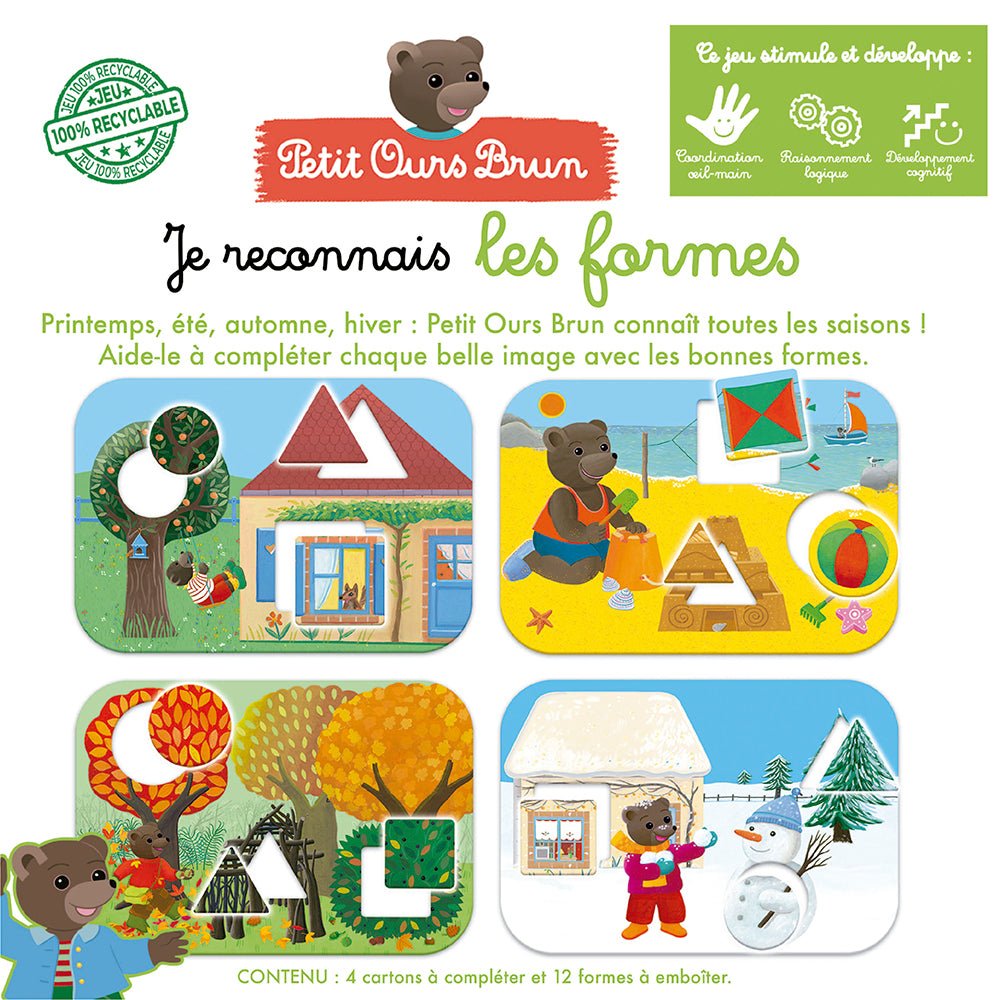 Dos de la boîte : contenu 4 cartons à compléter et 12 formes à emboîter, jeu 100 % recyclable