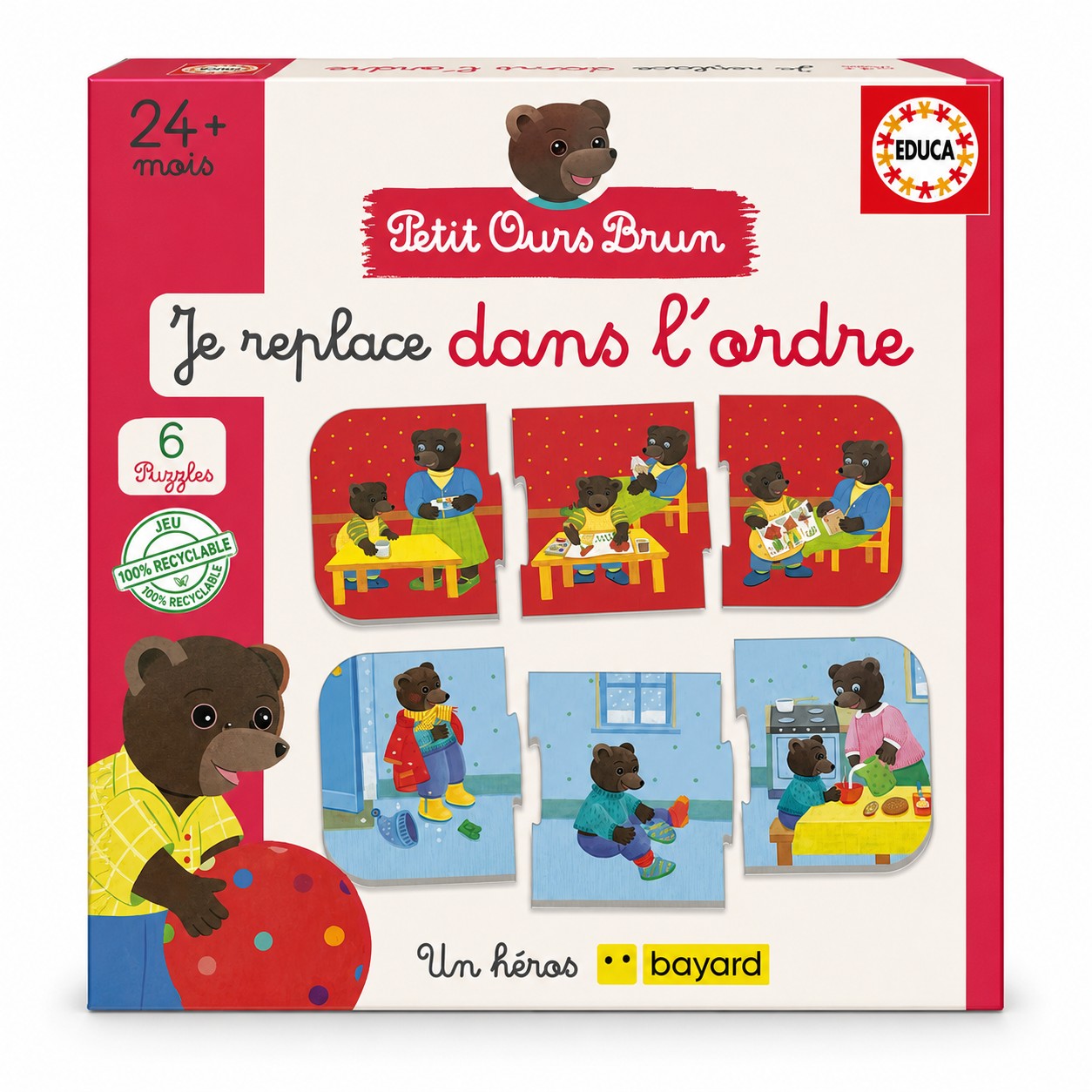 Boîte Educa Petit Ours Brun Je replace dans l'ordre : 6 puzzles de 3 images à remettre en séquence, dès 24 mois