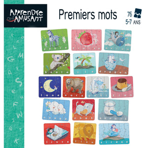 Les 16 puzzles-mots du jeu Educa Premiers mots : zèbre, fraise, avion, koala, île, dragon, lune, ours, yéti, flan, nuage, chat, yaourt, livre, lion, sirène