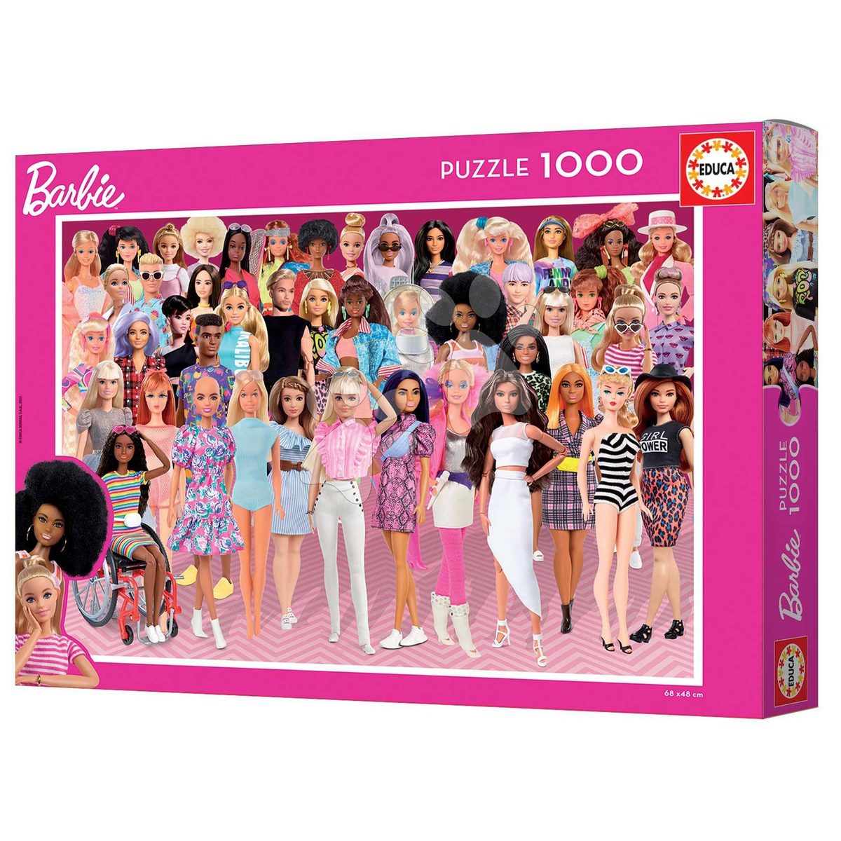 Boîte du puzzle Barbie 1000 pièces Educa vue de trois quarts, format 68 x 48 cm