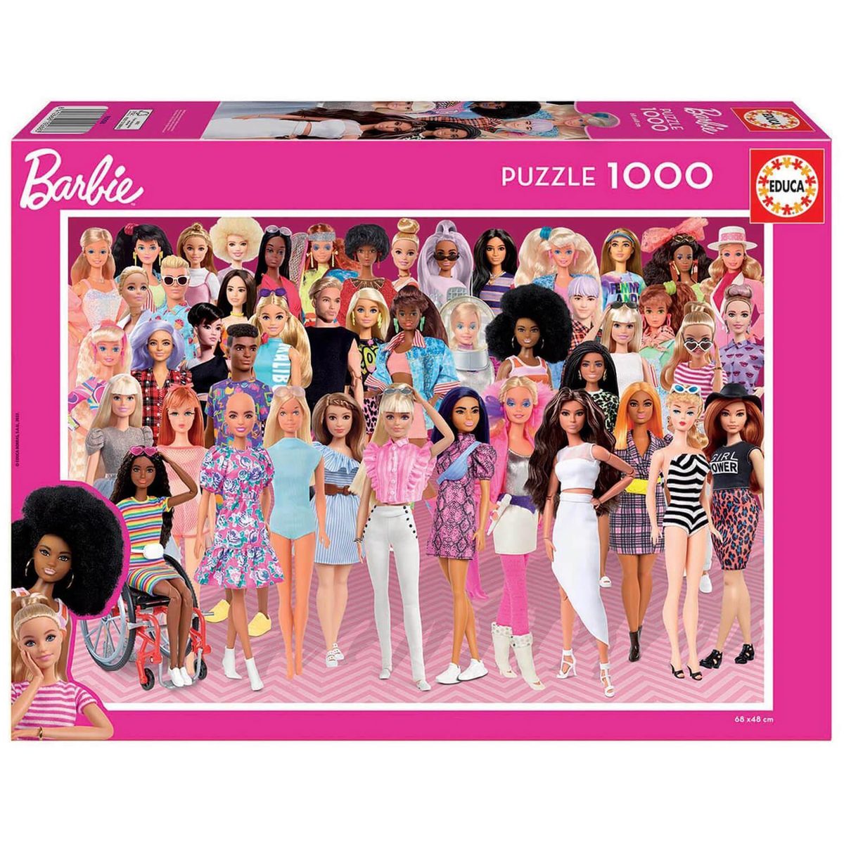 Boîte du puzzle Barbie 1000 pièces Educa avec des dizaines de poupées Barbie, 68 x 48 cm