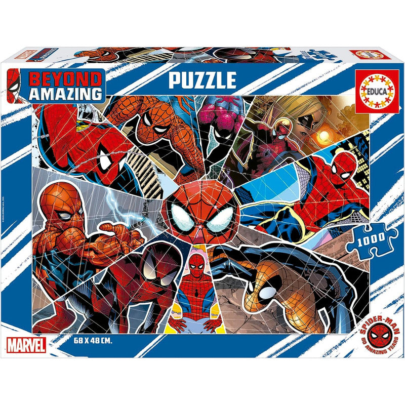 Boîte du puzzle Educa Spider-Man Beyond Amazing 1000 pièces, composition comics en toile d'araignée