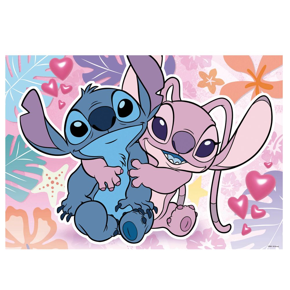 Visuel du puzzle : Stitch et Angel dans un décor tropical rose et turquoise