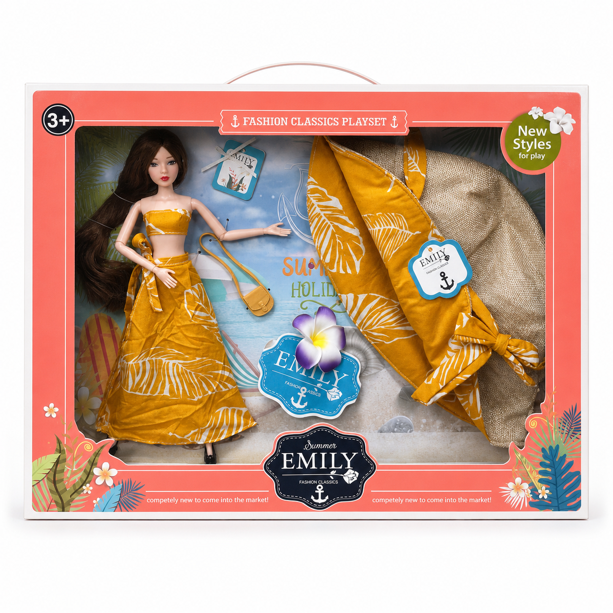 Coffret Emily Fashion Classics Summer : poupée articulée, tenue plage, chapeau et sac, dès 3 ans