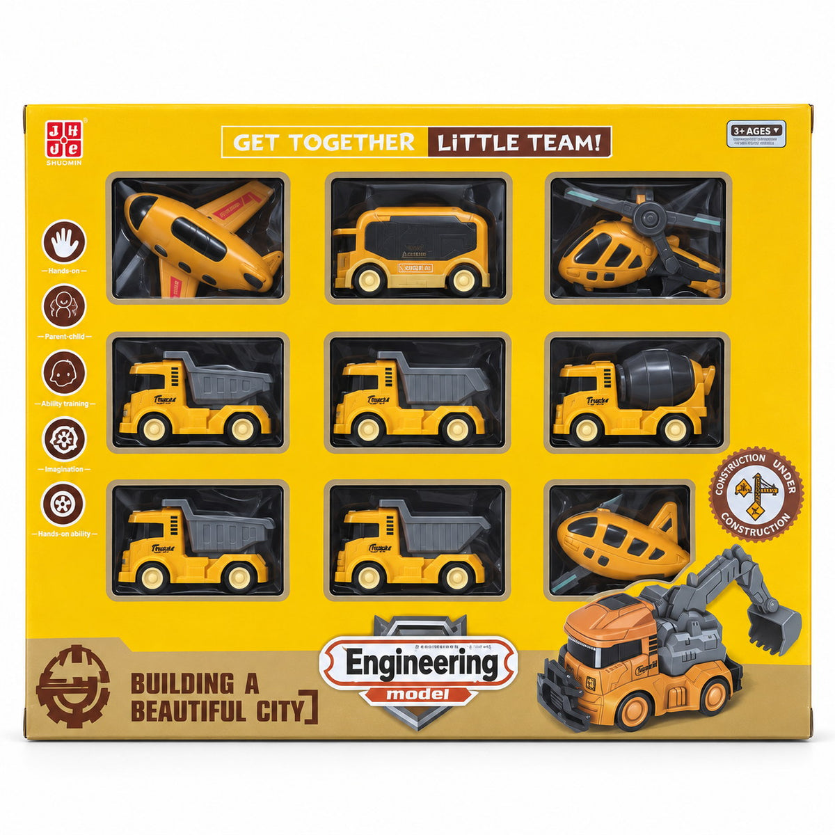 Coffret Engineering Model de 9 véhicules jaunes : camions bennes, bétonnière, bus, hélicoptère et avions, en boîte vitrine, dès 3 ans