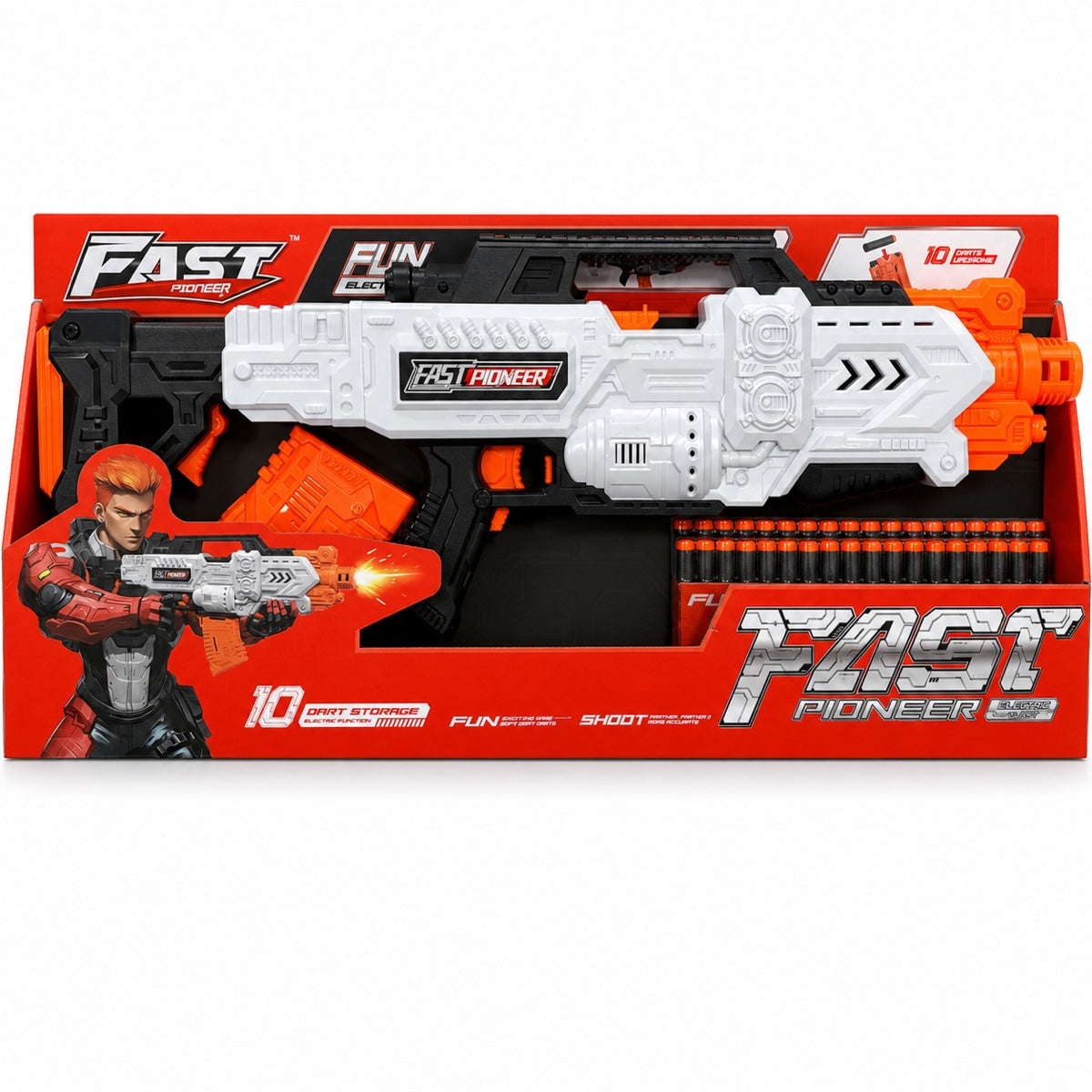 Blaster électrique Fast Pioneer blanc, noir et orange avec crosse amovible, chargeur 10 fléchettes et lot de fléchettes en mousse, dans sa boîte