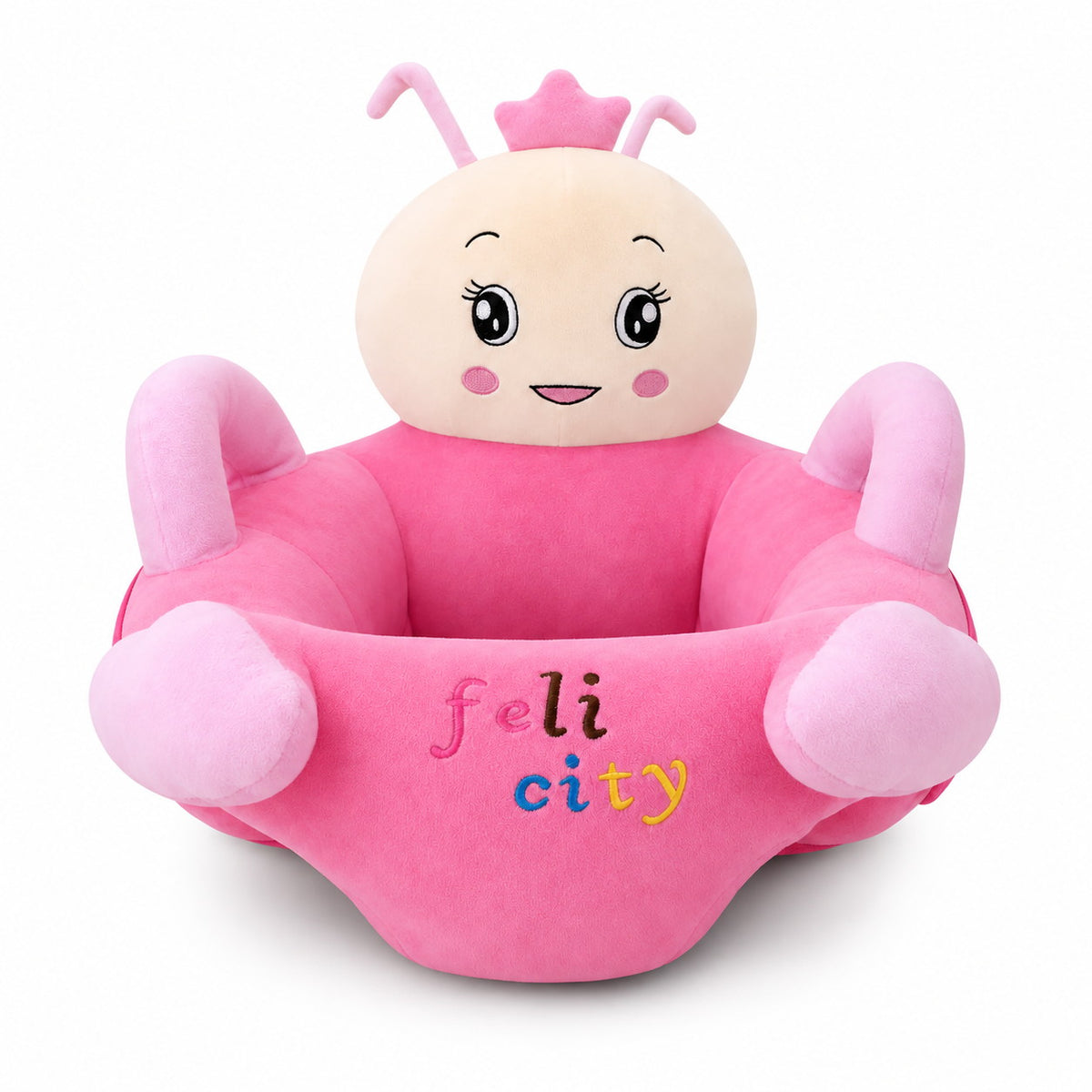 Fauteuil bébé en peluche rose en forme d'abeille, couronne, antennes et accoudoirs rembourrés