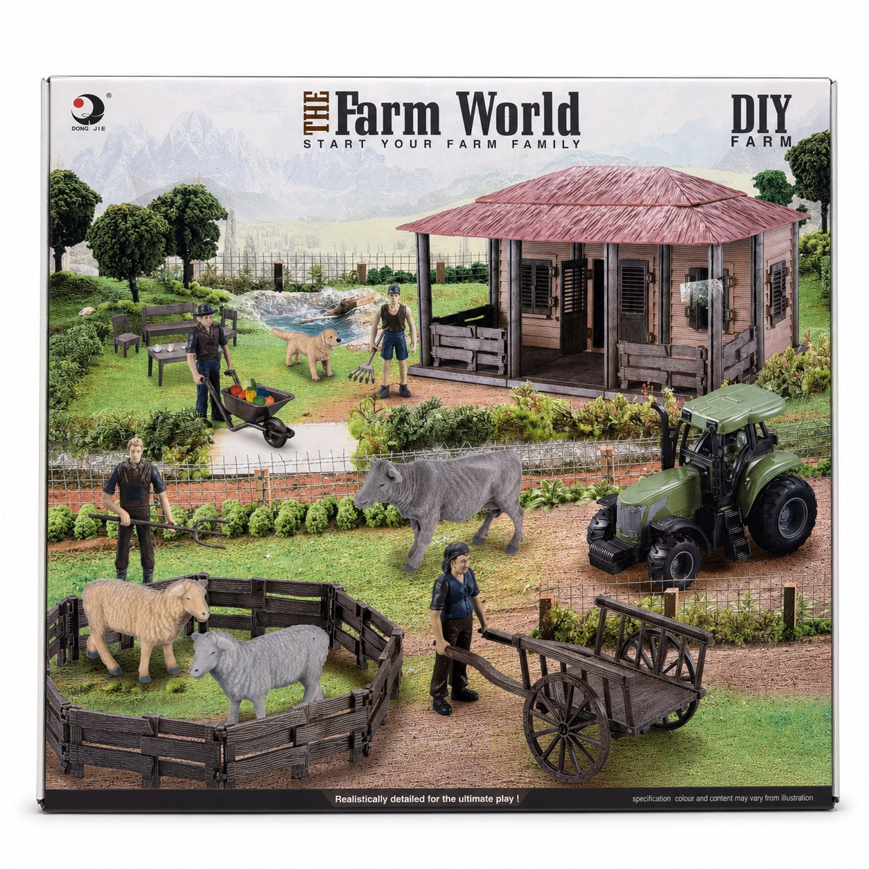 Coffret The Farm World DIY : grande ferme à monter avec tracteur vert, vache, moutons, chien et fermiers
