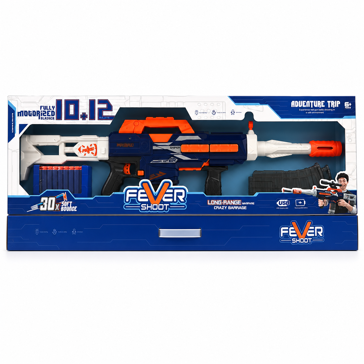 Boîte Fever Shoot : blaster motorisé avec 2 chargeurs, 30 fléchettes en mousse et batterie USB, dès 6 ans