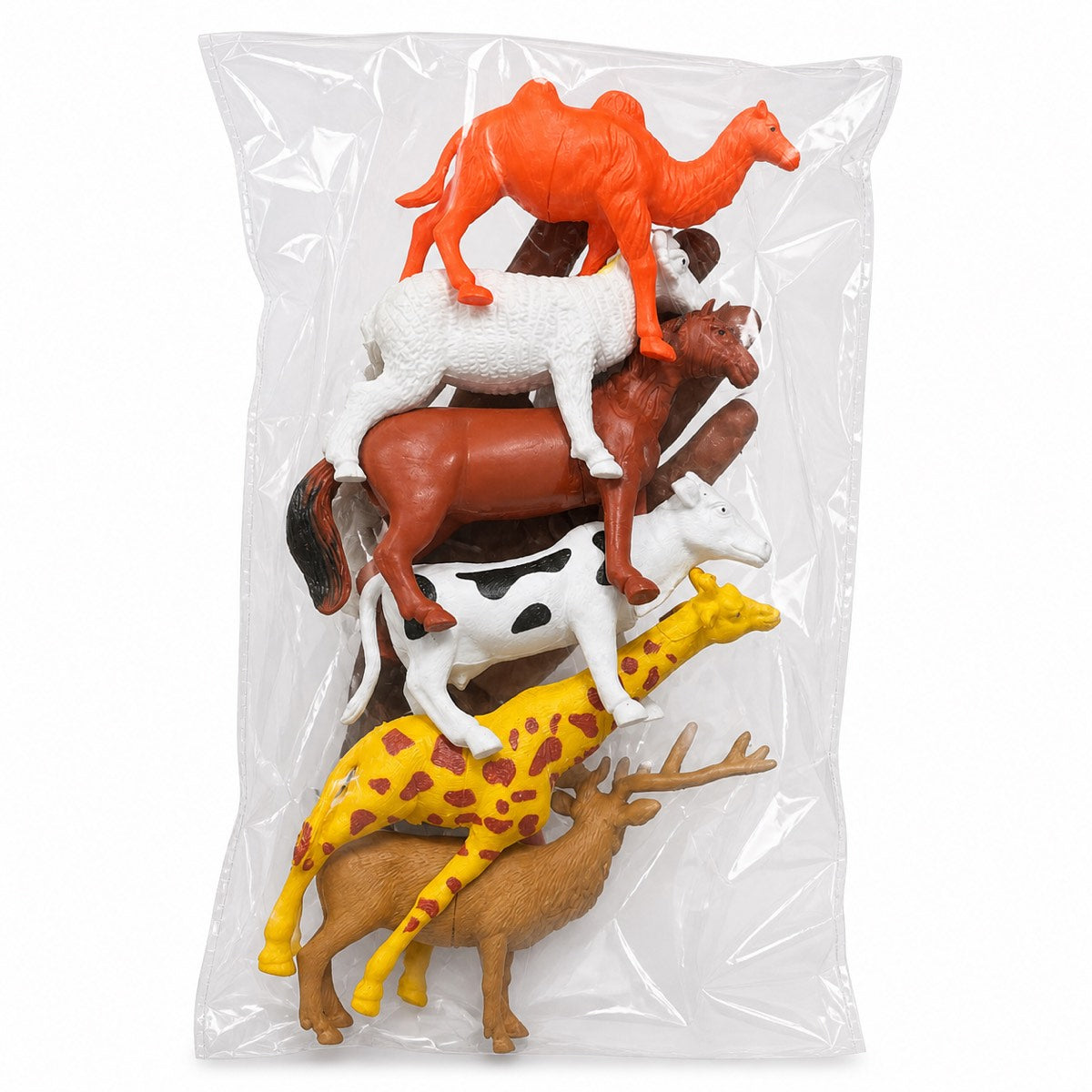 Sachet de grandes figurines animaux — chameau, girafe, cerf, cheval, vache et mouton, ferme et savane mélangés