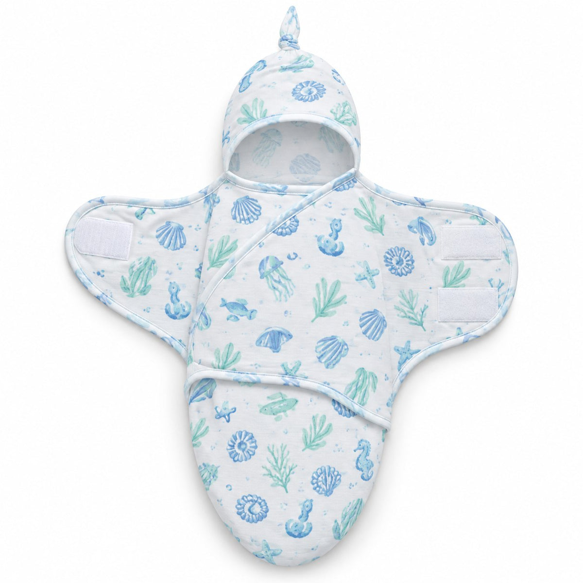 Couverture d'emmaillotage Finest baby imprimé fonds marins avec ses bandes à scratch et son bonnet assorti