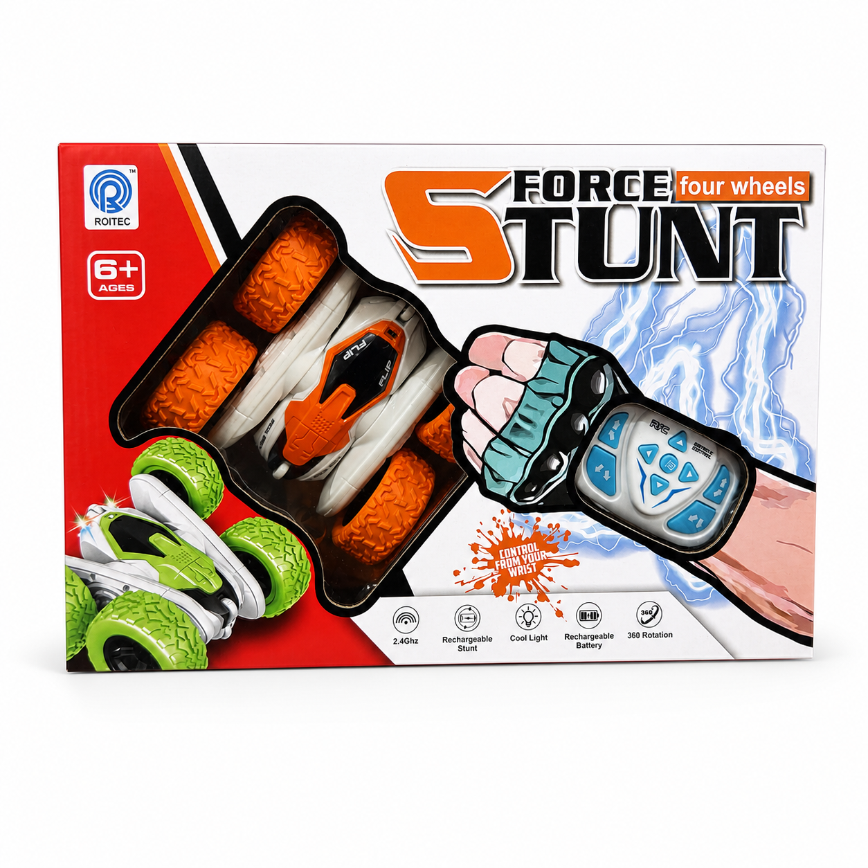Force Stunt Four Wheels, voiture cascadeuse radiocommandée orange et blanche avec télécommande bracelet au poignet, dans sa boîte