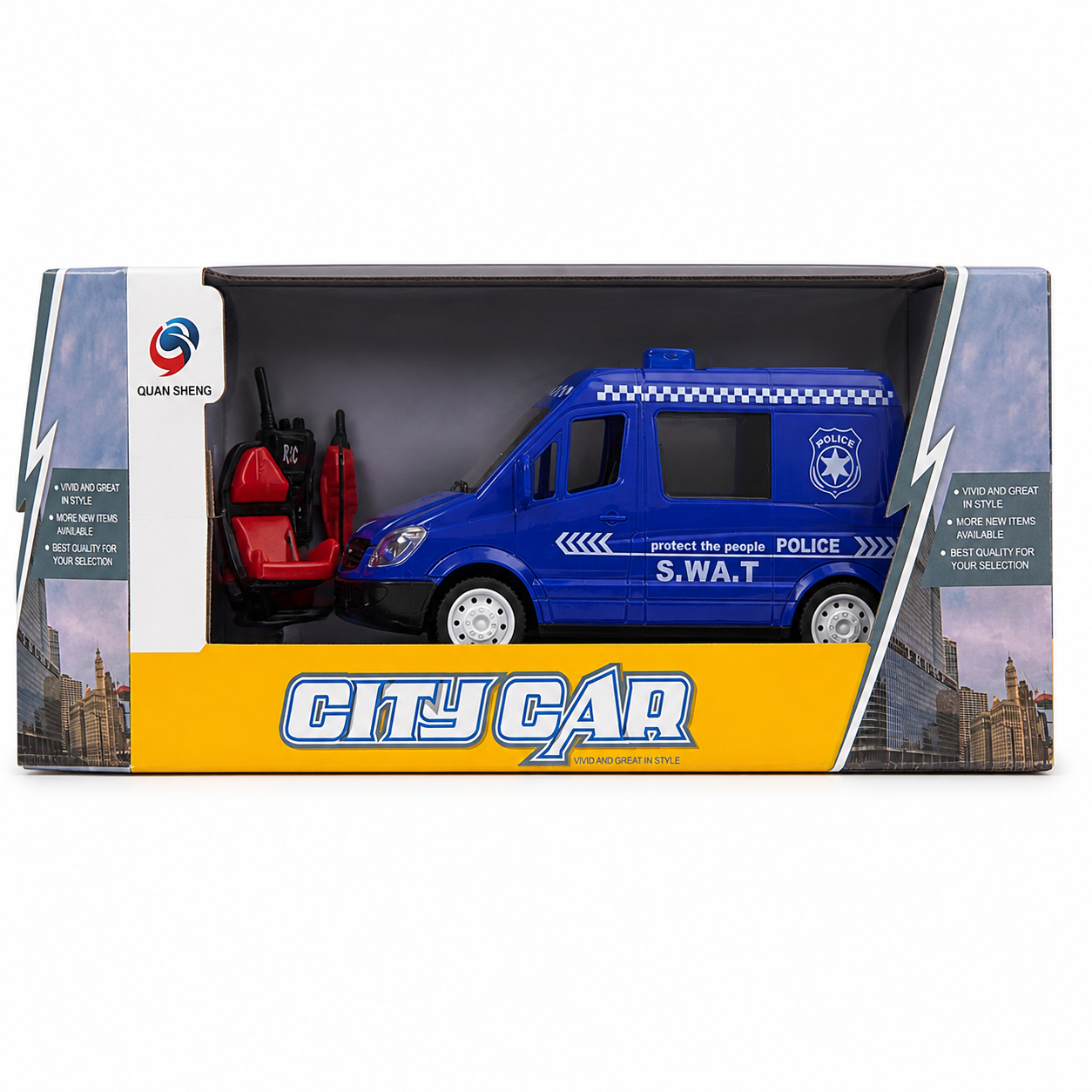 Fourgon de police S.W.A.T radiocommandé City Car bleu avec télécommande talkie-walkie, dans sa boîte