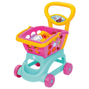 Chariot de marché La Reine des Neiges Frozen rose et turquoise avec panier et provisions, dès 3 ans