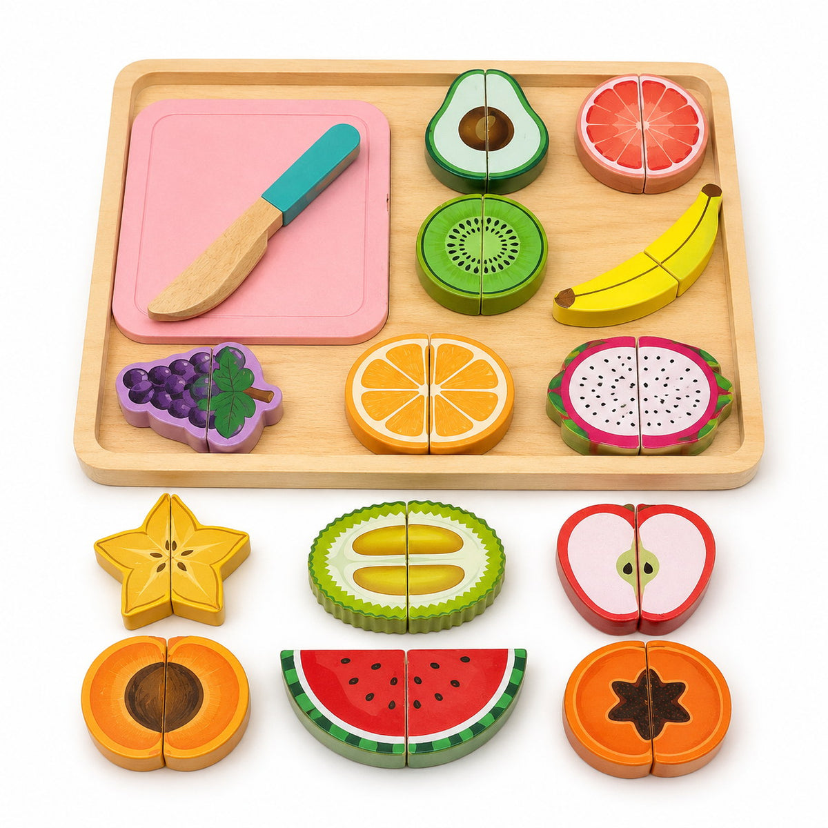 Coffret de 13 fruits à découper en bois avec plateau, planche rose et couteau enfant