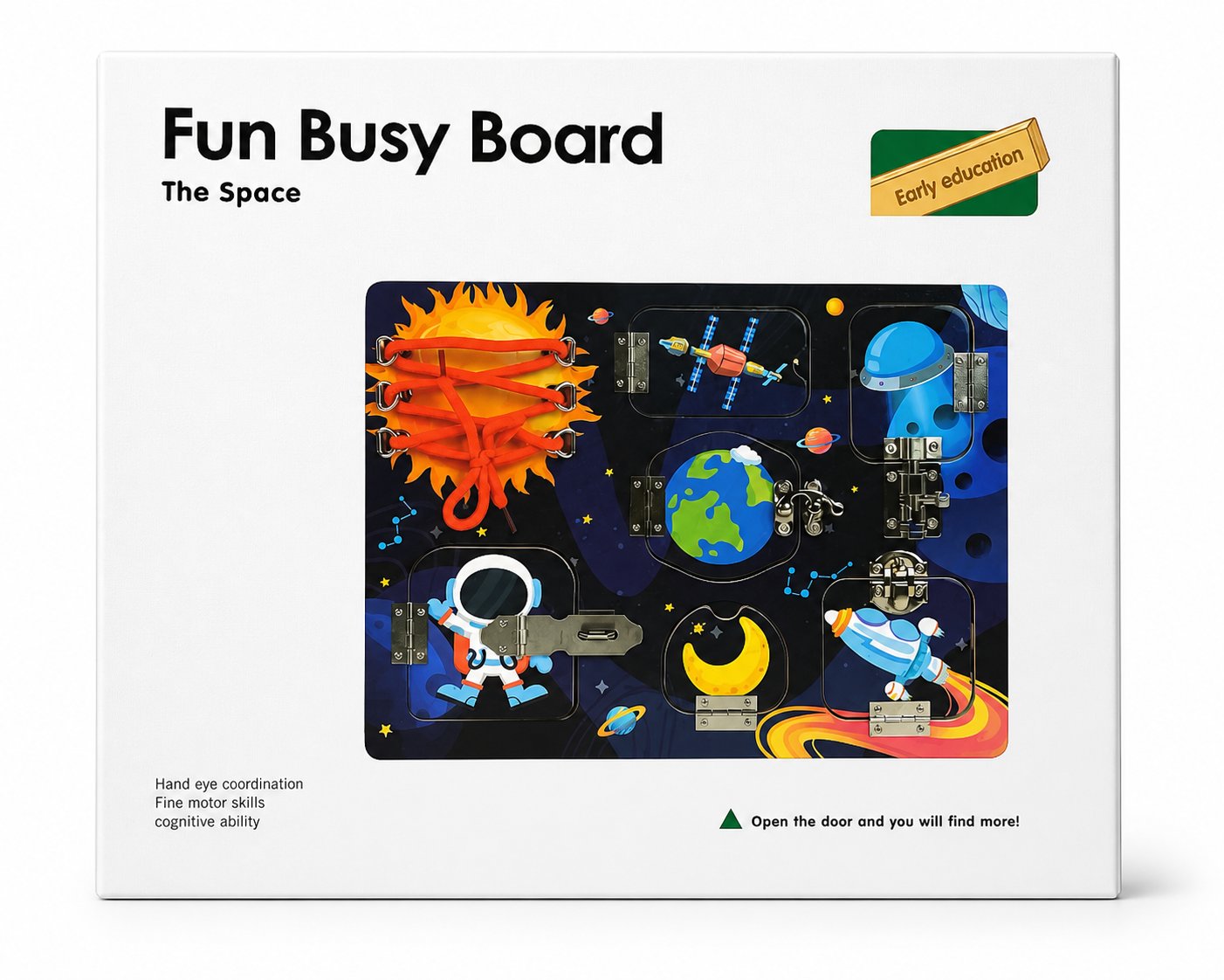 Planche d'activités Fun Busy Board thème espace avec portes à loquets, verrous et laçage soleil