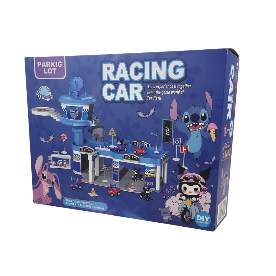 Boîte du garage parking à étages avec rampes, station-service, panneaux et petites voitures