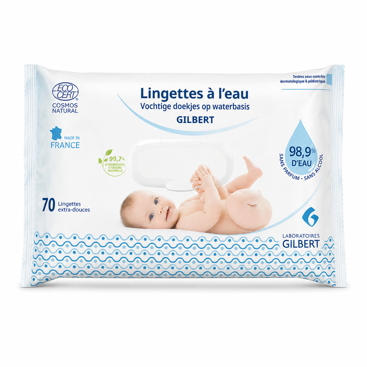 Gilbert lingettes à l'eau 70 unités, sans parfum ni alcool, 98,9 % d'eau – hygiène bébé