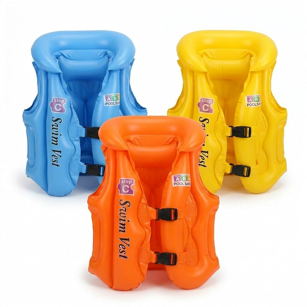 Gilet de natation gonflable enfant Pool School Step C en bleu, jaune et orange avec appui-tête