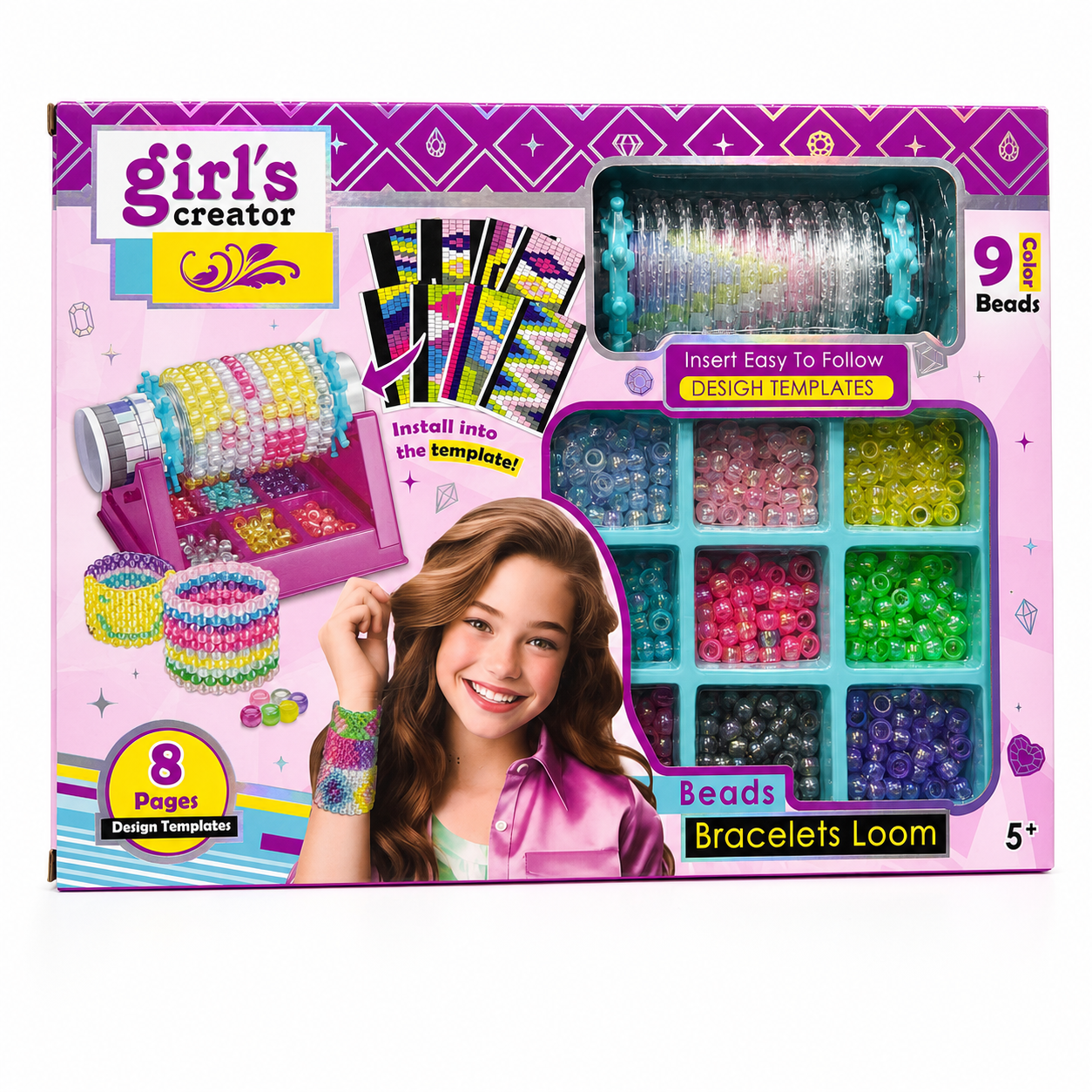Coffret Girl's Creator métier à tisser à perles, 9 couleurs et 8 gabarits, dès 5 ans