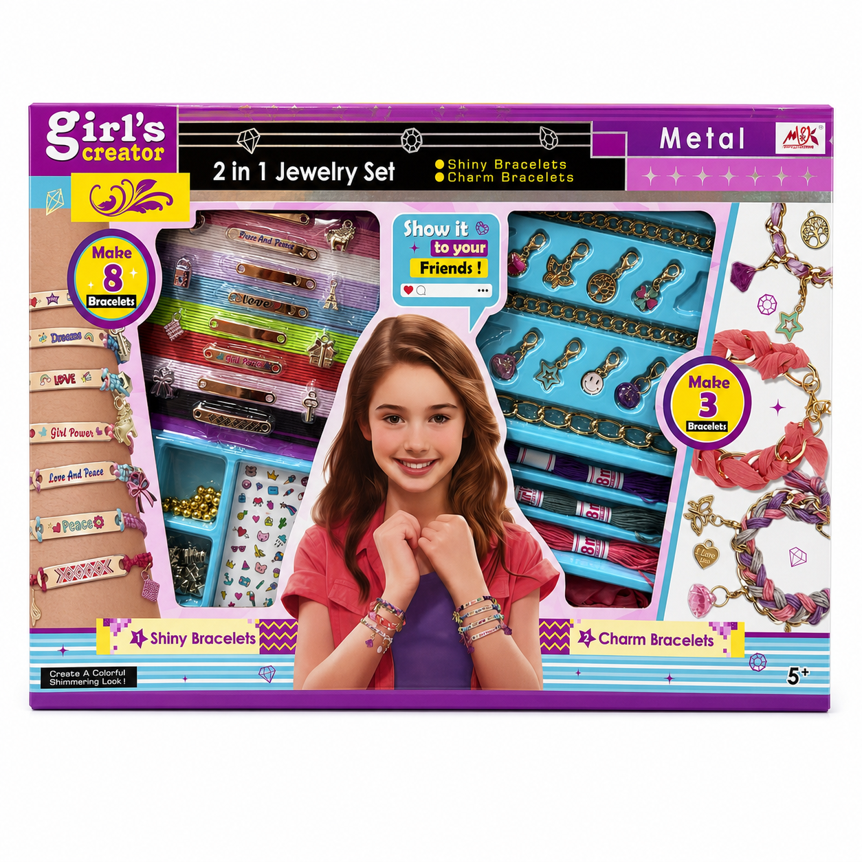 Coffret Girl's Creator 2 en 1 : 8 bracelets brillants et 3 bracelets à breloques à créer, dès 5 ans