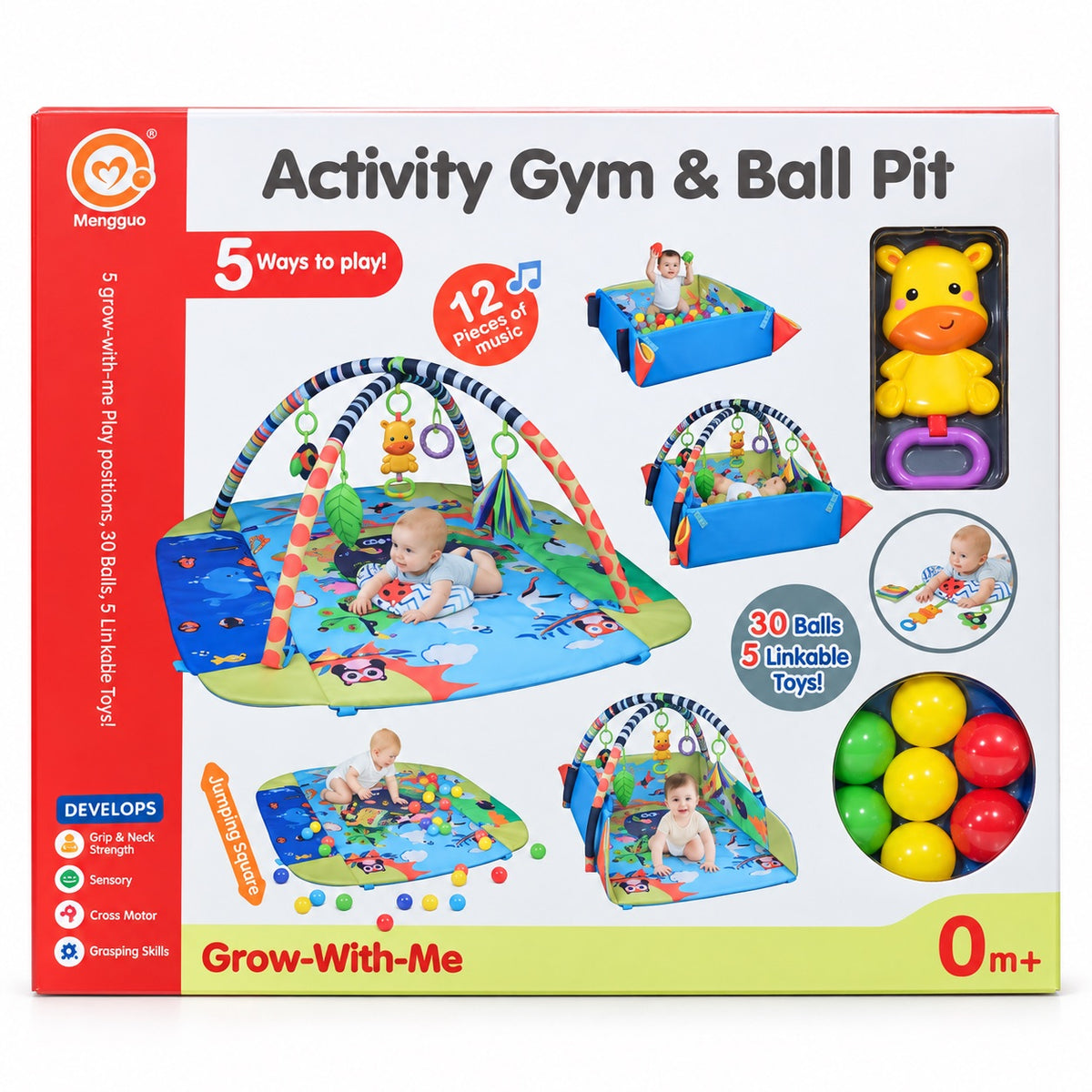 Boîte Activity Gym & Ball Pit : 5 positions de jeu, 30 balles, 5 jouets accrochables et 12 musiques, dès 0 mois