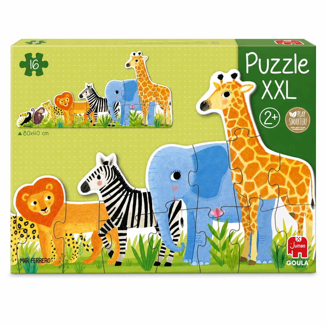 Boîte Puzzle XXL Animaux sauvages Goula : frise de 16 pièces, 80 x 40 cm, lion zèbre éléphant et girafe, dès 2 ans