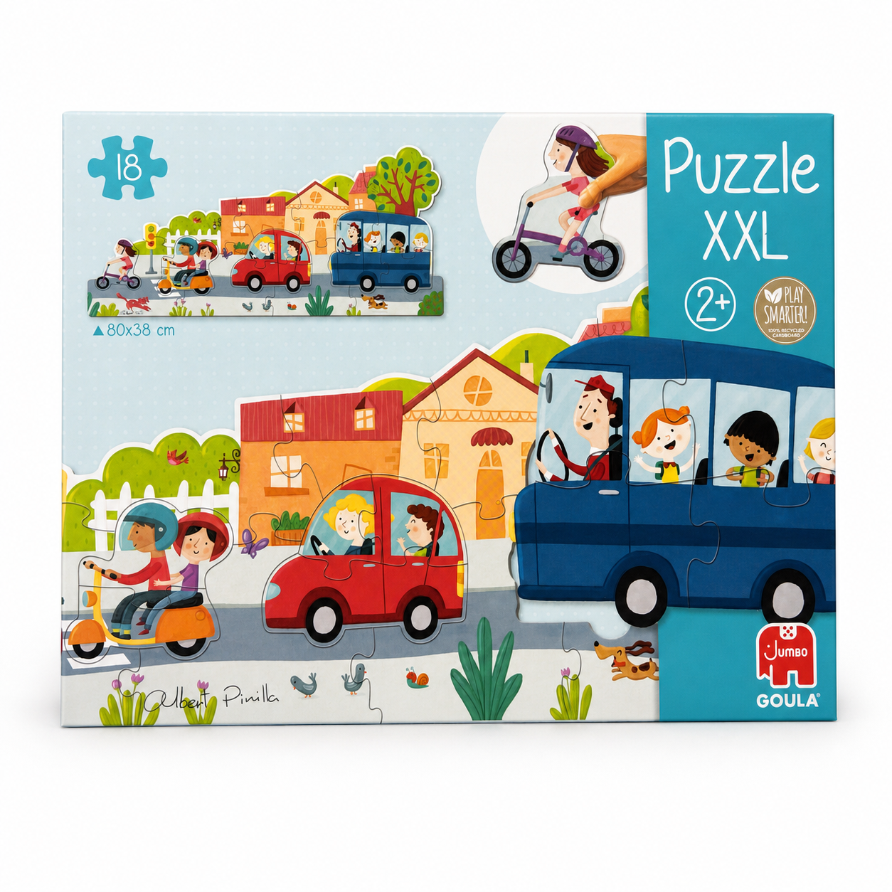 Boîte du puzzle XXL Goula La circulation en ville, 18 pièces, 80 x 38 cm, avec bus, voiture, scooter et cycliste