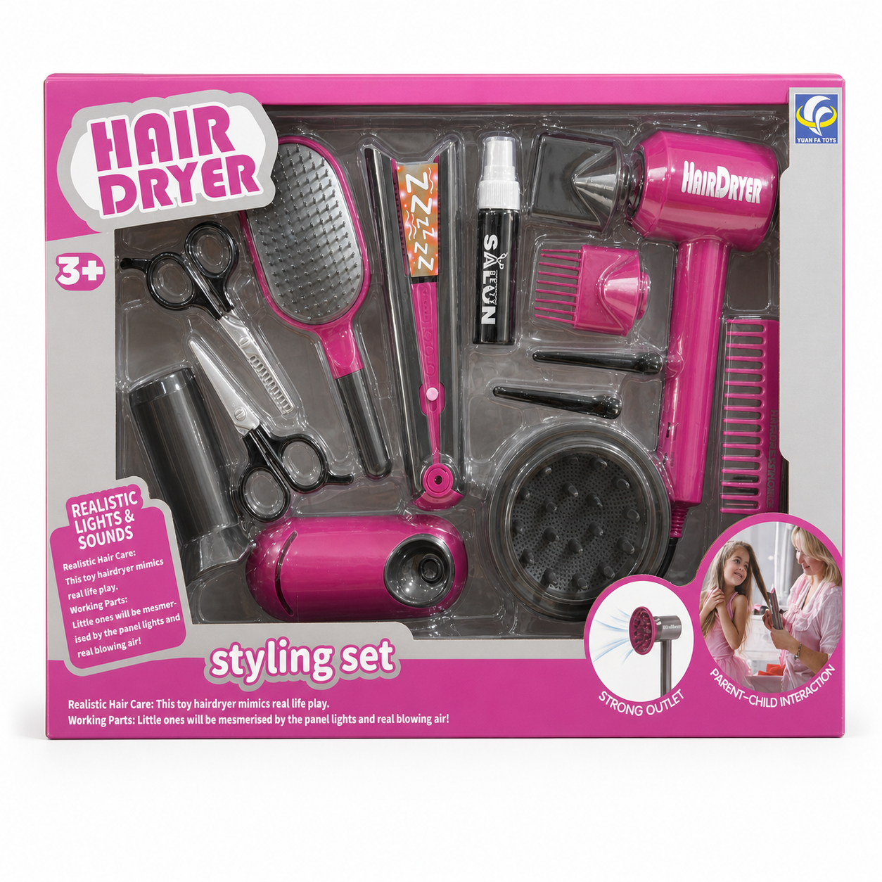 Coffret salon de coiffure enfant : sèche-cheveux qui souffle, lisseur, brosse et ciseaux factices, dès 3 ans