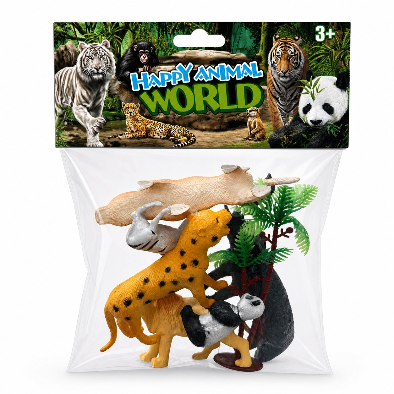 Sachet Happy Animal World avec figurines d'animaux de la jungle : tigre blanc, léopard, lion, panda, gorille et feuillage