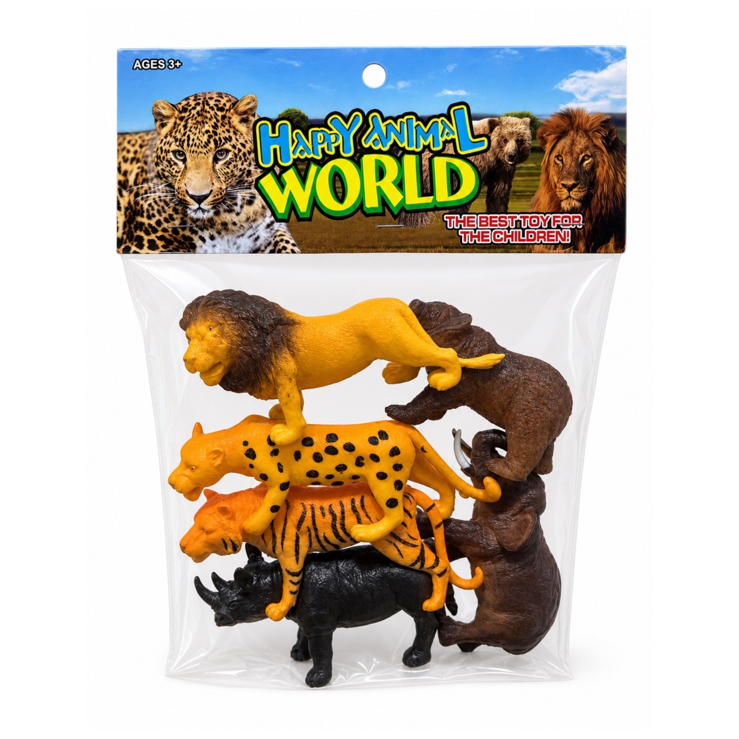 Sachet Happy Animal World avec figurines d'animaux sauvages de la savane : lion, léopard, tigre, rhinocéros et éléphant