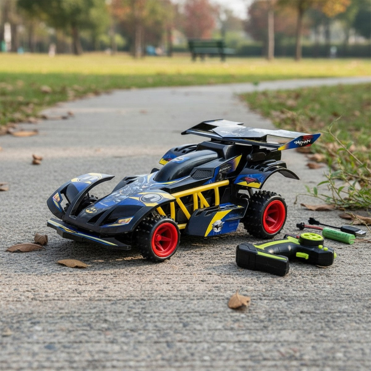 Voiture RC noire et jaune posée sur une allée avec sa télécommande