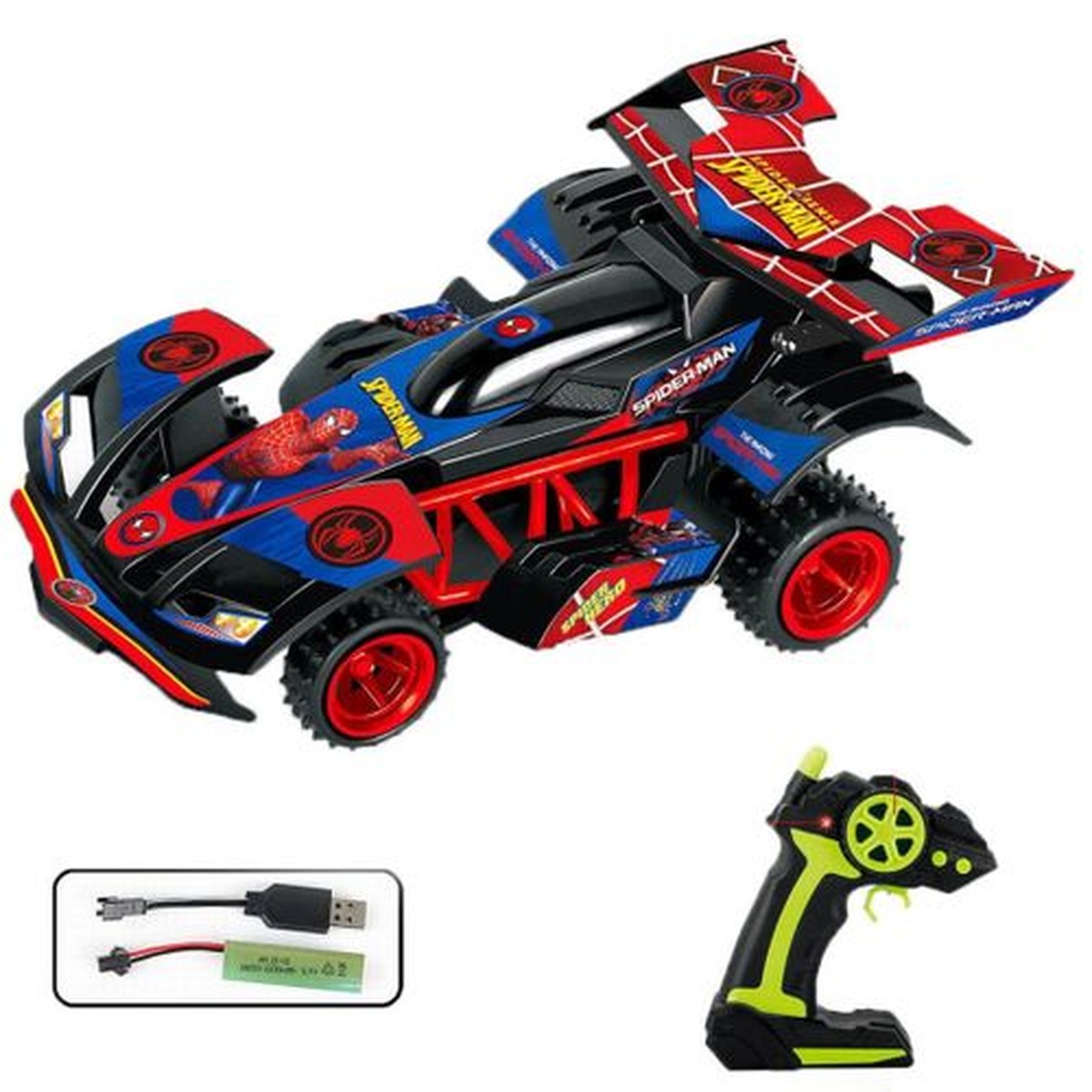 Voiture radiocommandée Hero Racing rouge et bleue avec télécommande pistolet, batterie et câble USB