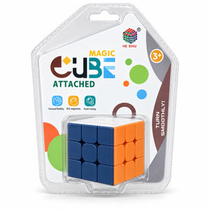 Emballage blister HE SHU Magic Cube 3×3, mention 3+ et pictogrammes souplesse, imagination et entraînement visuel
